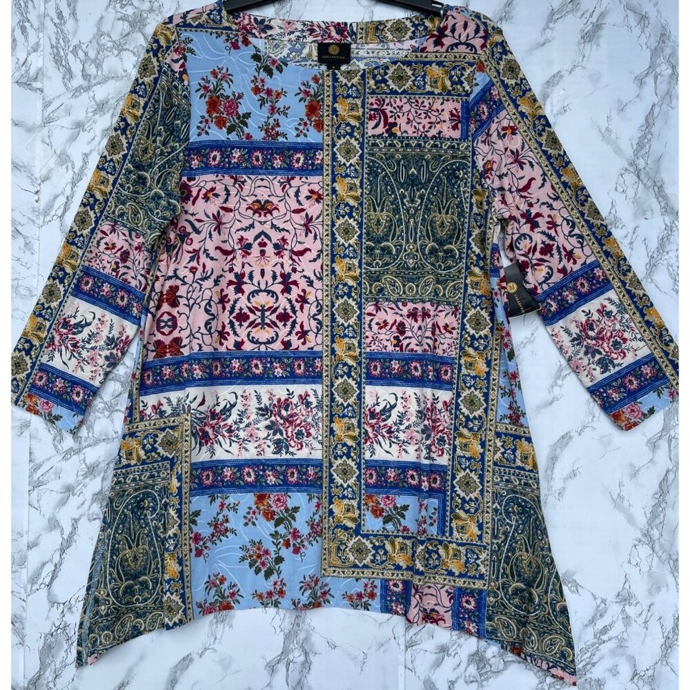JM Collection Floral Patchwork Tunic Top With 3/4 Sleeves & Asymmetrical Hem M